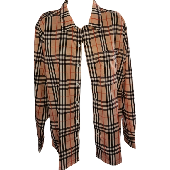 NWT Unbranded Unisex Neutral Plaid Long Sleeve Button Up Top - Picture 2 of 4